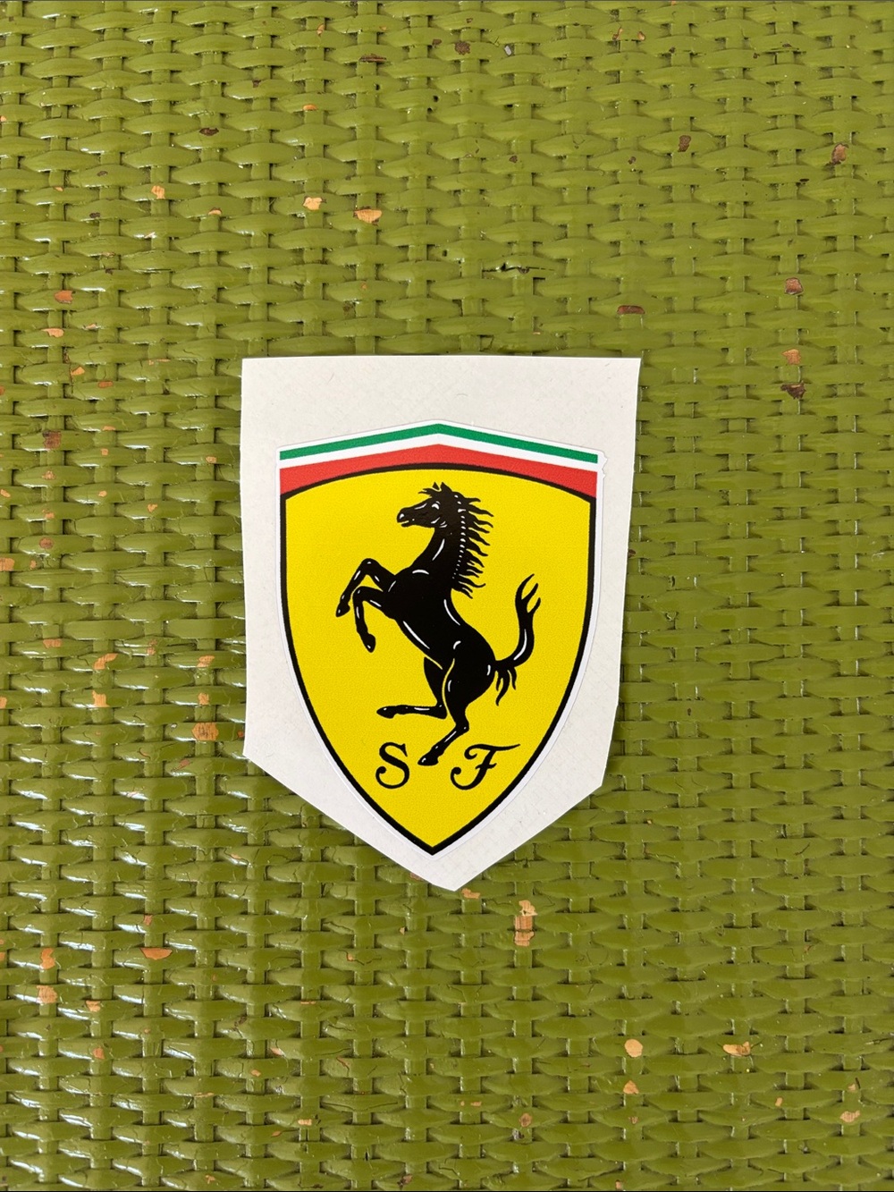 Ferrari Yellow Black Prancing Horse Shield Sticker with Red and Green Stripe